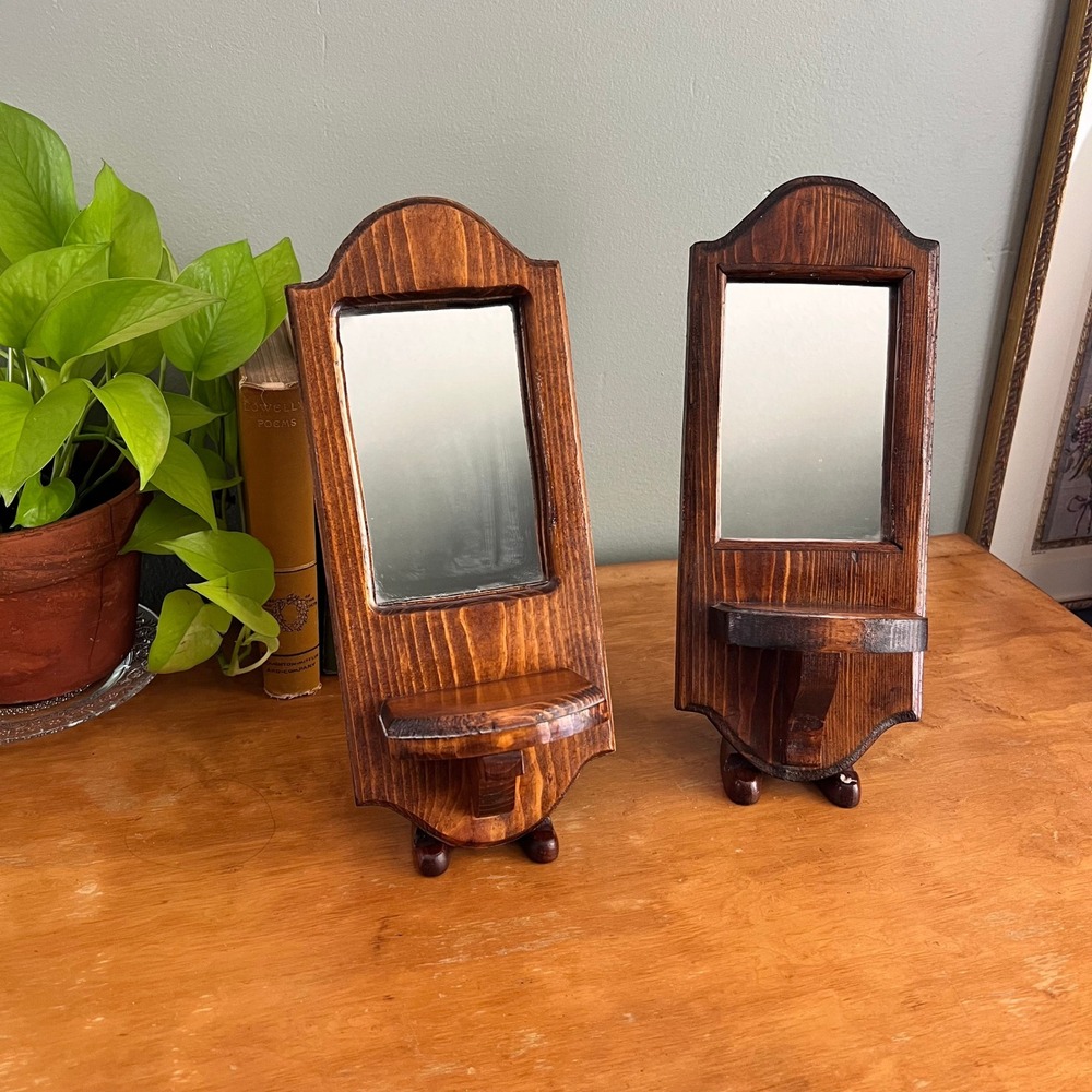 Vintage Wooden Wall Sconce Mirror Shelf Set of 2 Dark Honey Stain Rustic Decor